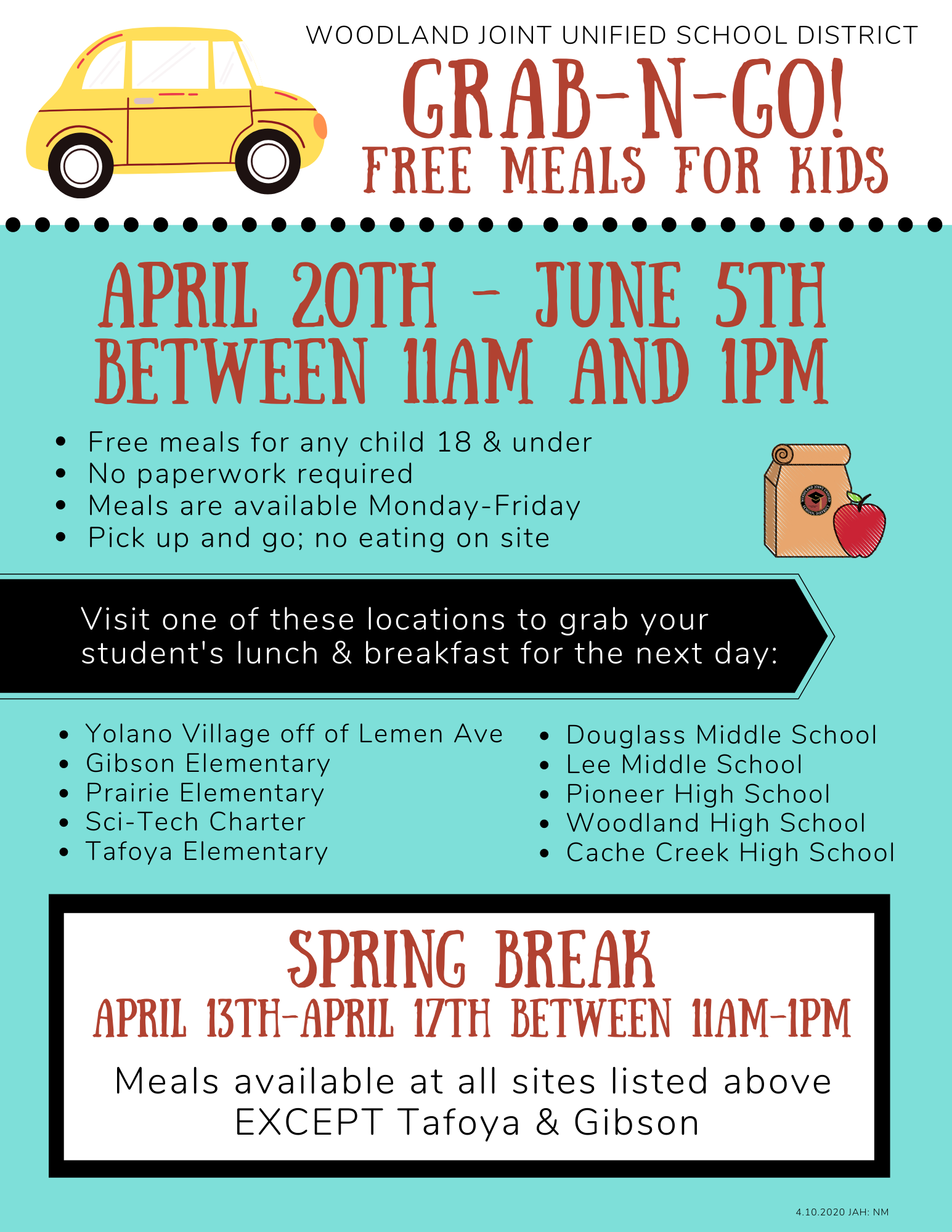 Grab and go free meals for kids through May first 11 AM to 1 PM